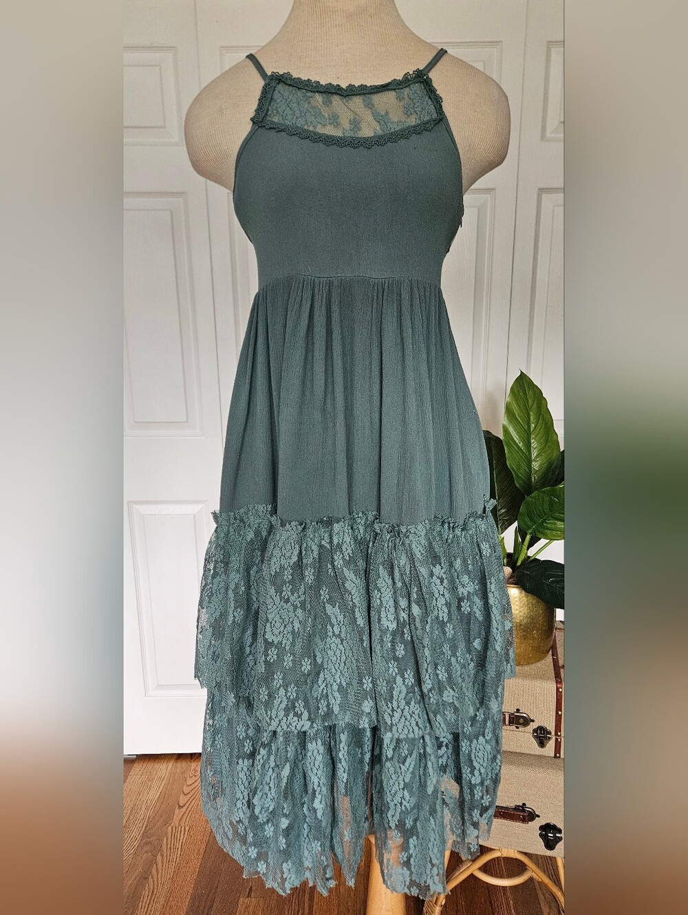 Cottagecore/Fairycore Sage Green Lace Empire Waist Maxi dress for 10-11Y Girls.